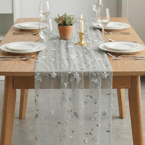 Artoid Mode 3D Flower Dusty Blue Gauze Embroidery Table Runner 120 Inch 10FT, Tulle Seasonal Spring Kitchen Dining Holiday Table Decor for Home Party - color: Dusty Blue