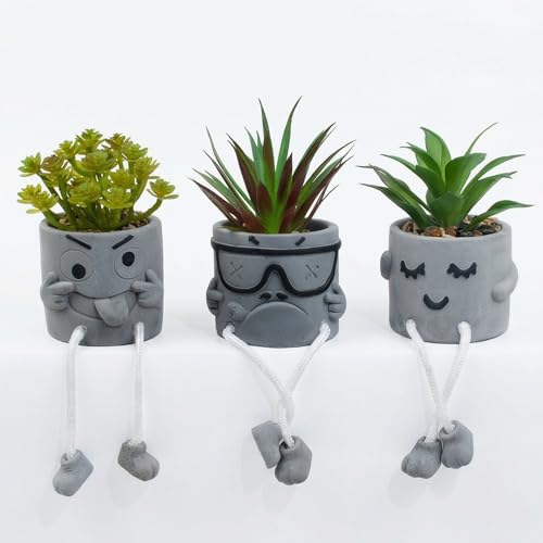 Set of 3 Artificial Succulents Potted Plants Faux Succulents Desk Decoration Fake Mini Plants in Grey Pots Faux Plants Kitchen Shelf Desk Decor Small Bathroom Decor for Shelves - color: 3set-cool