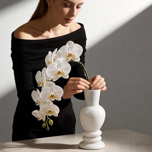 Small White Glass Vase 8 Inch, Modern Farmhouse Bud Vase for Easter Table Centerpiece, Vintage Flower Vase for Fresh or Artificial Flowers, Spring Home Decor, Wedding Party Favors - color: White