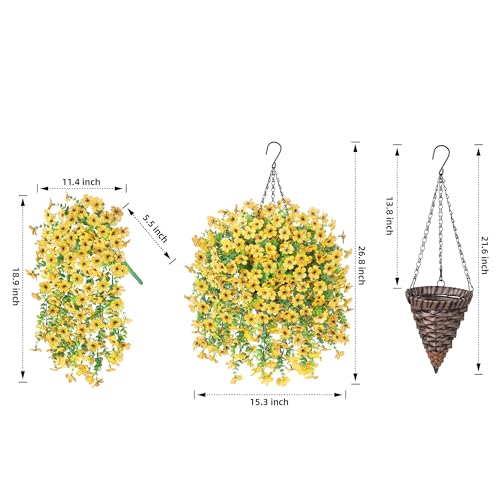 HyeFlora Artificial Hanging Flowers Basket for Outdoor, Fake Flowers Faux Plants Look Real for Yard Gardens Porch Patio Home (Yellow) - color: Yellow