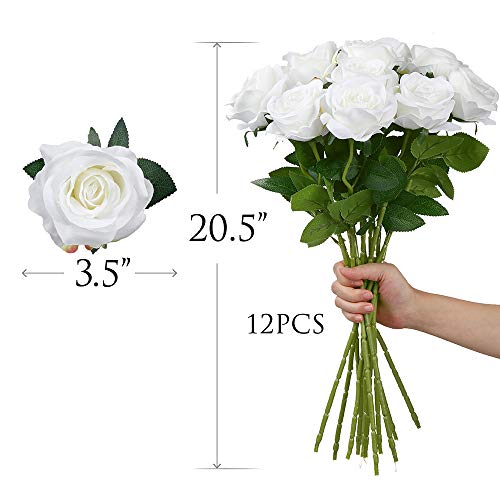 Mocoosy 12 PCS White Rose Artificial Flowers, Fake Roses with Long Stem Realistic Silk Rose Bouquets Wedding Mother's Day Decorations Faux Floral Arrangement Bridal Shower Party Home Table Decor - color: White