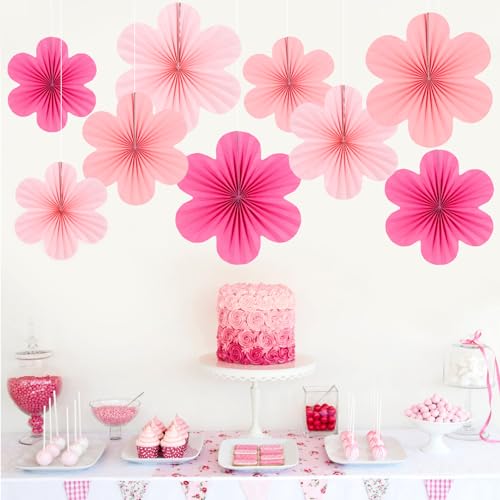 Easy Joy Hot Pink Paper Flowers Decorations for Wall Pink Paper Fans Classroom Decoration Paper Floral Backdrop Decor Paper Fans Decoration Hanging Paper Fans Pink Flower Wall Decor, Set of 9 - color: Flower-5