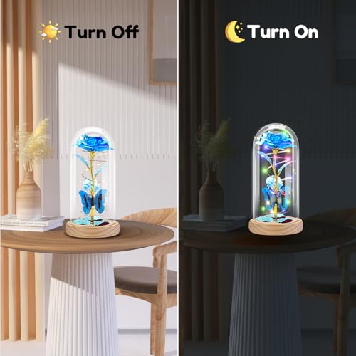 Otlonpe Preserved Artificial Rose Flower Lamp, Forever Women Gifts for Birthday Christmas Valentines Mothers Day, 7.7'' Glass Rose Wood Base Butterfly, Gifts for Mom Grandma Daughter Wife Girlfriend - color: Wood Blue
