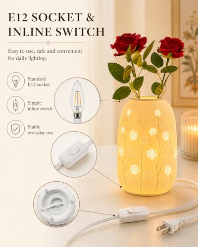 TACAHE Ceramic Vase Table Lamp, 2700K Bulb & 3 Artificial Flowers Included, E12 Socket, Inline Switch, Handmade Openwork Craft, Ambient Light for Living Room Bedroom - Dandelion 9" - style: Dandelion