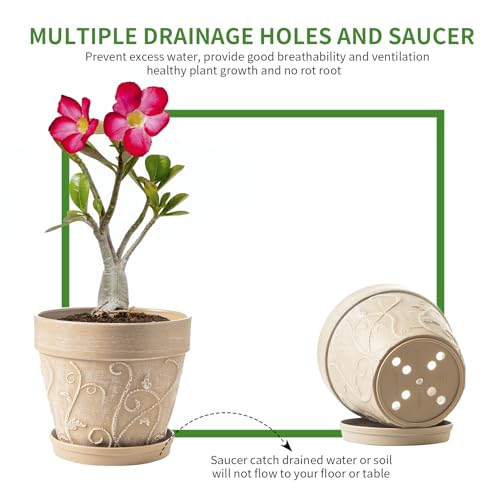 Melphoe Plant Pots Indoor with Drainage & Saucer, 2Pack 7 inch Flower Pots Outdoor Planters for Indoor Plants Garden Home Decor Cactus Succulent, Rigid Plastic (Imitation-Terracotta) Vine-Embossed - color: Undecorated Pottery Color, size: 7''