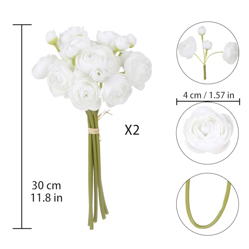 IPOPU Ranunculus Artificial Flowers 2 Bouquets Small White Flowers 12PCS Faux Ranunculus Flowers White for Vase Filler Bouquet Wedding Decor Bridal Shower Floral Filler Flowers Centerpieces (White) - color: White
