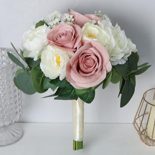 Set of 6 Bridesmaid Bouquets, 11 Inch Wedding Bouquets for Bridesmaids Artificial Flower Bouquets for Wedding Ceremony Bridal Shower Decorations - Dusty Pink & White - color: Dusty Pink & White, size: Set of 6 Bouquets