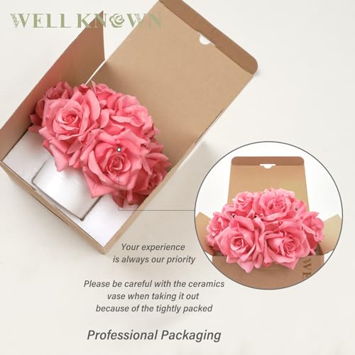 WELL KNOWN Artificial Flowers in Vase, Silk Rose Arrangement Mini Potted Fake Flowers with White Ceramic Vase for Home Wedding Vanity Coffee Table Centerpiece Bathroom Anniversary Decor (Hot Pink) - color: Rose, Hot Pink