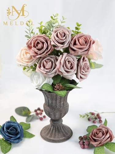 Artificial Flowers 25 Pack Dusty Pink Faux Foam Roses with Stems, Real Looking Fake Rose for DIY Wedding Bouquets, Bridal Shower Centerpieces, Party Table Decorations, Home Decor - color: Dusty Pink, size: 25Pcs