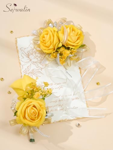 Serwalin Yellow Prom Corsage and Boutonniere Set, Artificial Calla Lily & Rose Wrist Corsage Wristlet for Homecoming, Formal Dance, Wedding Flowers Accessories Party Suit Decorations - color: Yellow