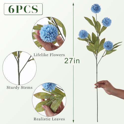 VIERENA 6 Pcs Faux Silk Pompon Mum Artificial Flowers for Vase -27", Bulk Fake Chrysanth Branches with Stems for DIY Bouquet Centerpieces Wedding Fillers Arrangements Shower Decorations (Dusty Blue) - color: Dusty Blue