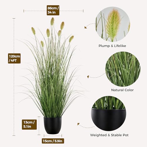 3FT / 4FT Extra Lush Artificial Plant (2pcs), Luxury Fake Tall Plants with Pot, Luxury Faux Tall Greenery with Dogtail for Garden Porch and Home Decor (Green, 4FT) - color: Green With Teasel, size: 4FT