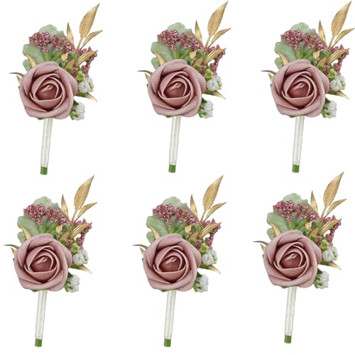 Dusty Pink Faux Foam Rose Boutonnieres for Men Wedding Prom 6Pcs | Artificial Foam Rose Boutonnieres for Wedding Prom Groom Groomsman Homecoming Ceremony Anniversary Party - color: 6pcs Pink Boutonniere