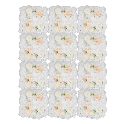 Artificial Flower Wall Panels, Set of 12 White Dahlia Rose Hydrangea Backdrop, Silk Fabric with 100 Cable Ties, Reusable Party Wedding Home Wall Decor (15x16 Inch) - color: White