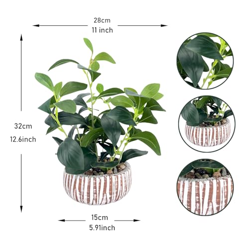 Artificial Potted Plants Life-Like Fake Plant with Farmhouse-Style Cement Planter Feturing Light Wood Tone for Room Bathroom Bedroom Kitchen Office Dese Coffee Table Décor (12.8inch) - size: Ficus 12.8inch