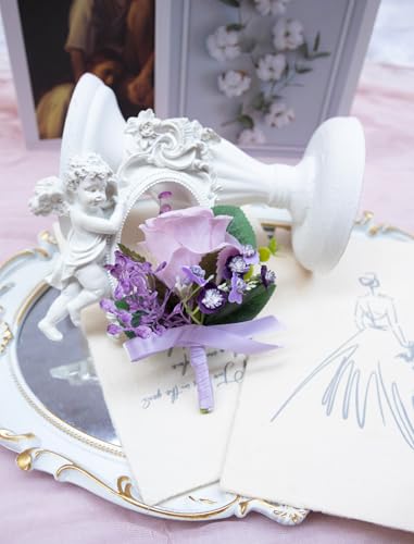 Marriwise 6pcs Light Purple Boutonniere for Men, Artificial Silk Rose Flowers Wedding Groom Groomsmen Boutonniere for Wedding/Anniversary/Prom/Rustic Wedding/Homecoming (Light Purple) - color: Light Purple