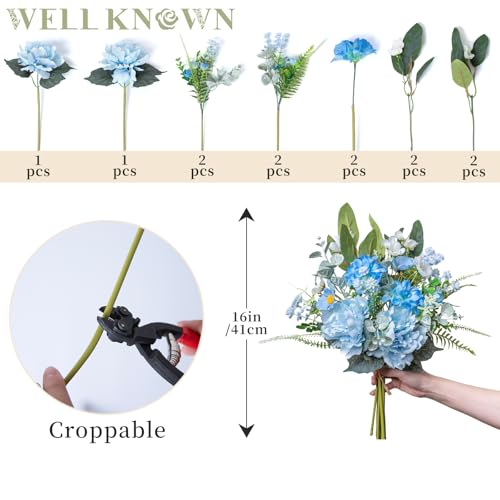 WELL KNOWN Artificial Flower Bouquet, Spring Blue Fake Flowers for Vase, Silk Faux Flowers DIY Table Centerpieces for Wedding, Dining Room, Graduation, Babyshower, Farmhouse Decor & Gift (Blue) - color: Spring Blue
