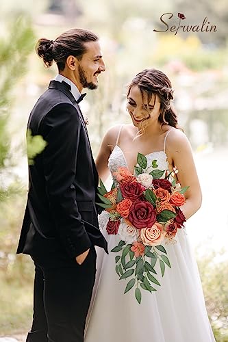 Serwalin Artificial Fall Flowers, Fake Silk Flowers Cake Flowers Roses Orange Flowers for DIY Wedding Decoration Arrangements Party Decorations Baby Shower Fall Home Decor - color: B Burgundy Orange, size: 1 Box