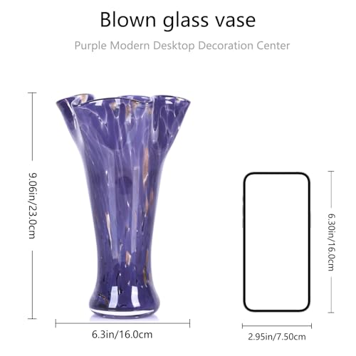 9.0" H Purple Glass Vases for Flowers, Unique Hand Blown Glass Vase Purple Home Decor, Wide Mouth Colorful Flower Vase Centerpieces, for Living Room Table Bookshelf, Bathroom Office Shelf Decorative - color: Purple