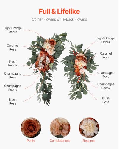 VEVOR Artificial Wedding Arch Flowers Kit, Orange Wedding Arch Flowers with Drapes Kit (Pack of 4) - 2 Pcs Floral Arrangement, 2 Pcs Sheer Drapes, for Ceremony Bouquets Reception Backdrop Decoration - color: Terracotta, size: 4 Pcs