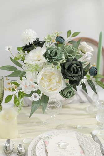 Forest Green Artificial Flowers Silk Fake Roses Peonies Greenery Combo Box Set for DIY Wedding Bouquets Bridal Shower Centerpieces Floral Arrangements Party Tables Home Decoration - color: White Dark Green