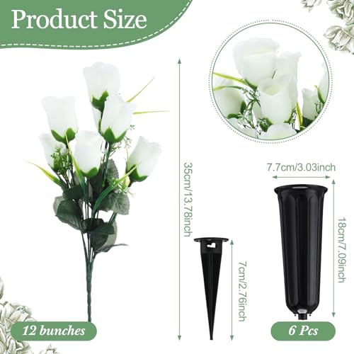 Tigeen 6 Sets Father's Day Cemetery Flowers with Grave Vase 12 Bunches Artificial Rose Memorial Bouquet 84 Heads Fake Silk Flower for Dad Gravesite Graveside Decor(Cream White) - color: Cream White