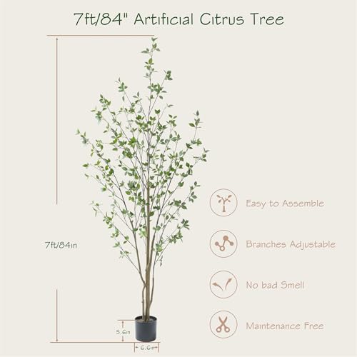 Bellacat 7ft Artificial Citrus Tree with Lifelike Leaves, 84in Faux Citrus Tree with Realistic Trunks, Fake Citrus Tree for Home Office Living Room Bedroom Porch Decor. - color: Black, size: 7ft
