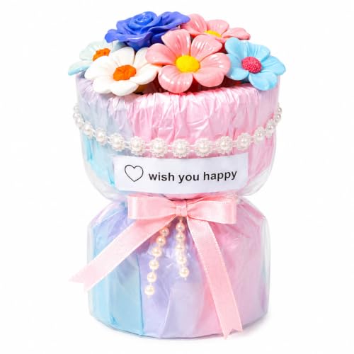 Porcelain Flower Bouquet - Handmade Ceramic Flowers Floral Arrangement, 6 Unique Blossoms, 6 inches Height, Shelf Living Room Decor, Ideal Gift for Mother’s Day, Birthdayr (Colorful-Rose) - color: Colorful-rose