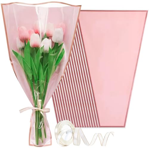 Wzifyf 50 PACK Flower Bags for Bouquets Flower Bouquet Holders Pink Floral Wrapping Paper flower Sleeves Build Your Own Bouquet Bar with 72 Ft Ribbons for Valentine's Day Packaging Supplies - color: Pink, size: bouquet wrap