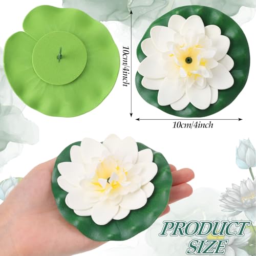 Suncalla 24 Pcs Artificial Floating Foam Lotus Flower with Water Lily Pad, 4", White Color Lifelike Ornament Home Garden Pond Decor Indian Decorations Return Gifts - color: White, size: 4"