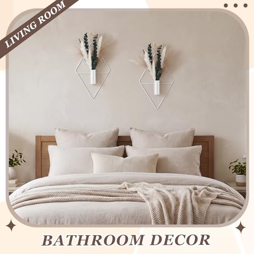 Canlierr 4 Pcs White Wall Decor Hanging Planters with Artificial Plants Eucalyptus Pampas Grass Metal Hanging Vase Indoor Plants Holder Modern Boho Wall Art for Bathroom Bedroom Living Room Decor - color: White, size: Pampas Grass, Eucalyptus