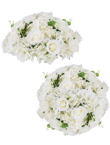 BLOSMON Fake Flower Balls Centerpieces: 2 Pcs 15.7" Large White Rose Hydrangea Artificial Flowers Arrangement for Wedding Table - Faux Silk Floral for Party Home Reception Decoration - color: White, size: Diam 15.7" - 2 Pcs
