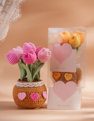 Thank You Gifts for Teachers Crochet Tulips Flower Pot - Handmade Large Crochet Flowers for Women, Graduation End of Year Appreciation Gifts, Positive Tulip Flower Gift for Boss Manager, Pink - color: Pink