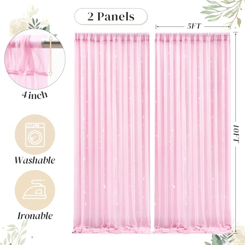 10ft x 10ft Pink Backdrop Curtain with Lights String for Parties, Sheer Tulle Wedding Photo Backdrops Drapes for Baby Shower Birthday Party Decorations Background for Photography - color: Pink, size: W5' x H10'(2 panels)