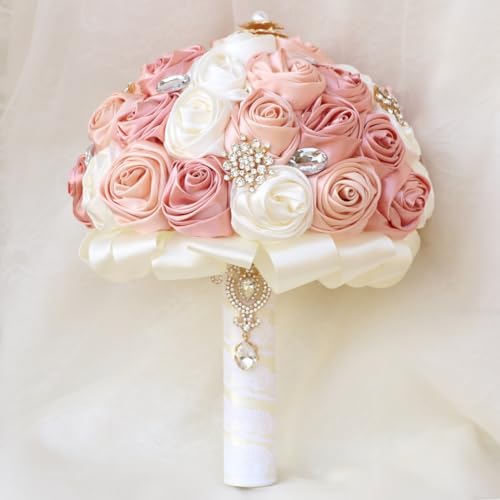 Blush Pink and Ivory Bridal Wedding Bouquet with Gold Brooch Bling Rhinestone Bouquet for Bride Bridesmaid Quinceanera Satin Dusty Rose Flower Bouquet Wedding Blush Pink and Ivory 9.8in - color: Blush, Pink & Ivory(gold Brooch), size: Diameter: 9.8 inches