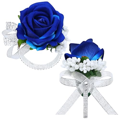2Pcs Royal Blue Rose Corsage and Men Boutonniere Set Women Wristlet Band Wrist Bracelets, for Prom Wedding Ceremony Flowers Decorations and Homecoming Party Accessories - color: Royal Blue, size: 1 Boutonniere & 1 Wrist Corsage