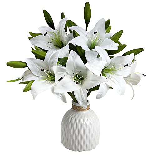 7 Pcs Artificial Lily Flowers Artificial Lilies Flowers for Home Wedding Bouquets Home Hotel Party Decor Graves Arrangement (White) - color: White