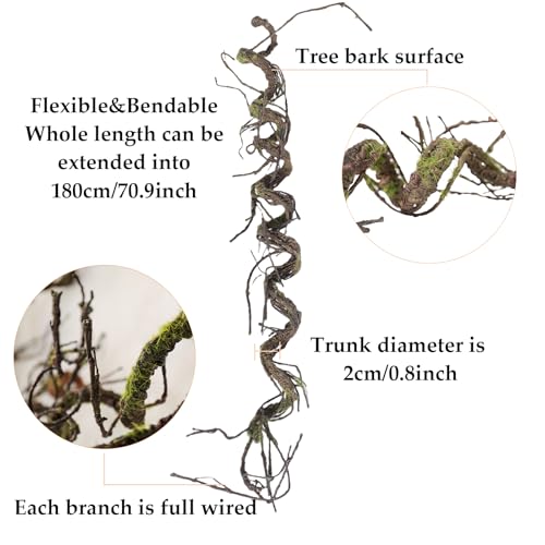 180cm/70.86in Bendable Artificial Tree Branches Vines Greenery Garland Fake Plants Twigs Wall Hanging Moss Room for Outdoor Wedding Archway Patio Jungle Theme Porch Mantel Halloween Decoration