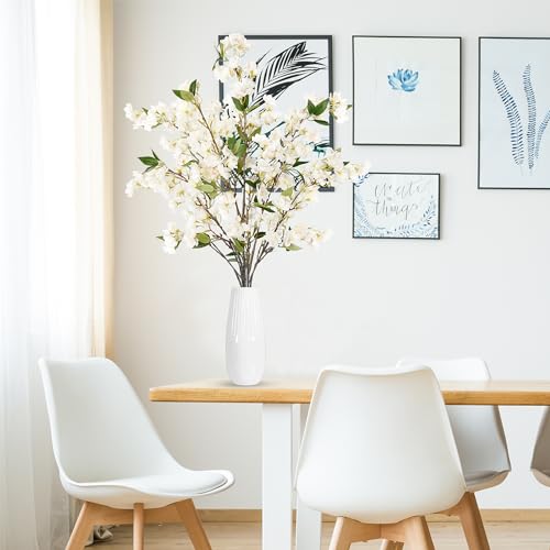 Sggvecsy Artificial Cherry Blossom Flowers 3 Pcs Faux Cherry Blossom Stems Faux Silk Cherry Blossom Branches 35.4’’ Fake Flowers Long Stems for Vase Arrangements Home Wedding Table Decor (White) - color: Ivory