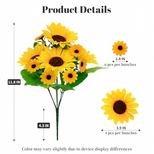 6 Pack Artificial Sunflowers Bouquet, Outdoor Artificial Flower with Stems, 60 Silk Sunflowers Heads, Fake Artificial Flowers for Outdoor Indoor Decoration, Wedding Table Home Porch Cemetery Decor