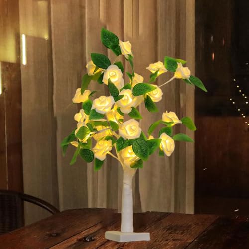 Rose Tree Lamp，Rose Flower Night Light, Led Tabletop Pink Tree Lights, Lower Lamp Girls Gift for Mother’S Day, Lighted Tabletop Tree for Christmas Wedding Decor Valentine’S Day - style: Milk white Rose