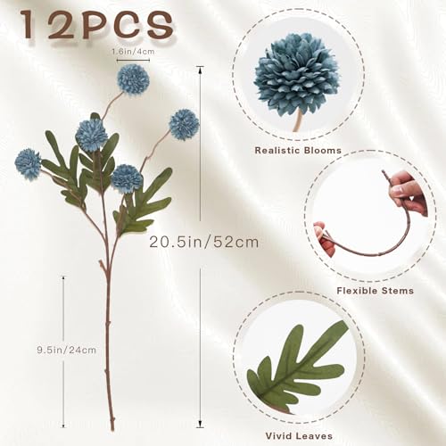 12Pcs Fake Kiku Flowers, Artificial Small Chrysanthemum Balls with Stems, Faux Silk Mini Pompon Mums for Vase Floral Arrangement DIY Bouquets Wedding Party Table Centerpieces Home Decor (No Vase) - color: Blue