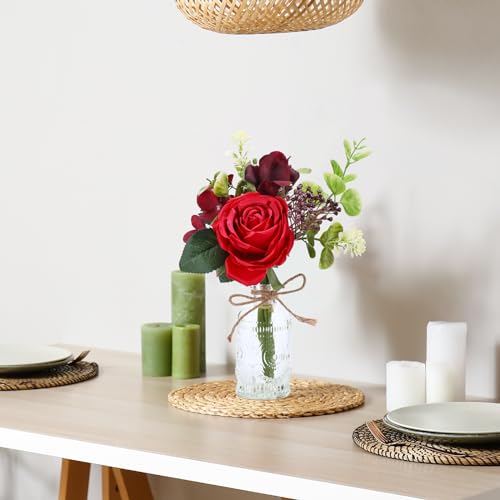AFRITEE Artificial Flowers with Vase - Small Red Fake Plants Faux Silk Flower Arrangement in Vase for Home Decor for Indoor Dining Living Room Coffee Wedding Table Centerpieces - color: Red Bouquet+relief Vase