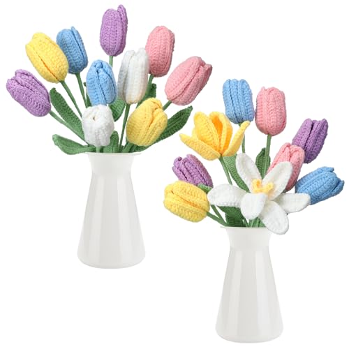 Shihanee 10 Pcs Tulip Crochet Flowers Bouquet Handmade Knitted Flower Decor Birthday Gifts for Women Grandma Spring Home Vase Centerpiece, 13.7", Vase Not Inchluded(Purple, White, Pink, Yellow, Blue) - color: Purple, White, Pink, Yellow, Blue