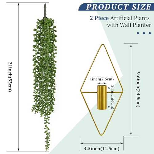 2 Pack Artificial Hanging Plants with Geometric Metal Wall Planter, Faux String of Pearls Hanging Plant, Fake Succulent Vine Potted Plant for Wall Decor, Indoor Outdoor Home Office Garden Patio Decor - color: String of Pearls-b, size: 2Pack