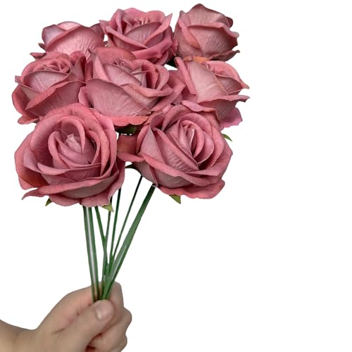 FagusHome 30 Pcs Silk Rose Artificial Flowers Roses Bulk Bouquet Fake Flowers Rose Heads with Stems for Home Wedding Decor (Dark Pink) - color: Dark Pink