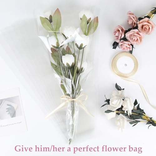 Wzifyf 50 PACK Flower Bags for Bouquets Flower Bouquet Holders Clear Floral Wrapping Paper flower Sleeves Build Your Own Bouquet Bar with 72 Ft Ribbons for Valentine's Day Packaging - color: Clear, size: bouquet wrap