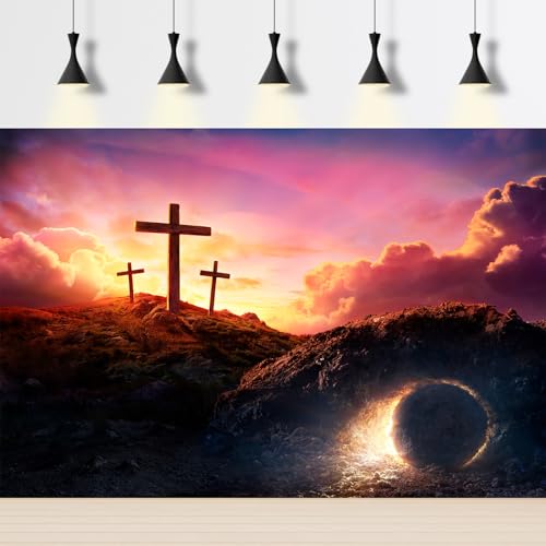 Empty Tomb Backdrop Sunrise Sunset Jesus Christ Crucifixion Resurrection Cave Photography Background Hole Holy Lights Easter Background Three Crosses Jesus Christ Backgrounds Props Banner 5x3ft - color: Black Rose_Red, size: 5x3ft