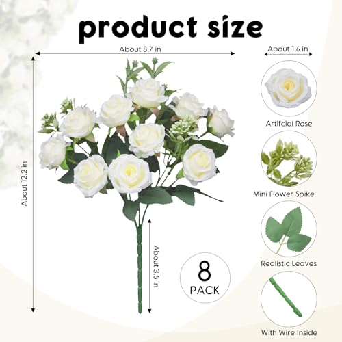 8 Pack Rose Artificial Flowers Bouquet, 10 Small Silk Rose Heads Per Pack, Fake Roses Bunches for Wedding Table Centerpieces Bridal Bouquet Mother's Day Valentine's Day Home Decor, White - color: Milk White