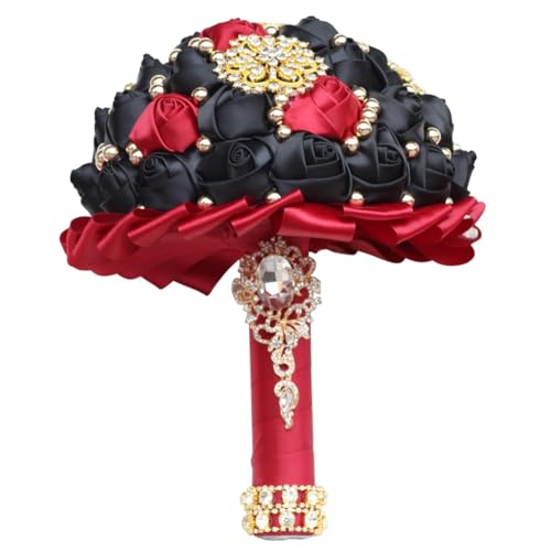 Burgundy and Black Bridal Wedding Bouquet Luxury Gold Rhinestone Brooch Bouquet for Bride Bridesmaid Quinceanera Satin Rose Artificial Flower Bouquet Wedding 9.5in - color: Burgundy & Black, size: Diameter: 9.5 inches